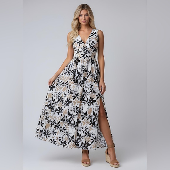 Floral Print Deep V Neck Dress - Picture 1 of 7